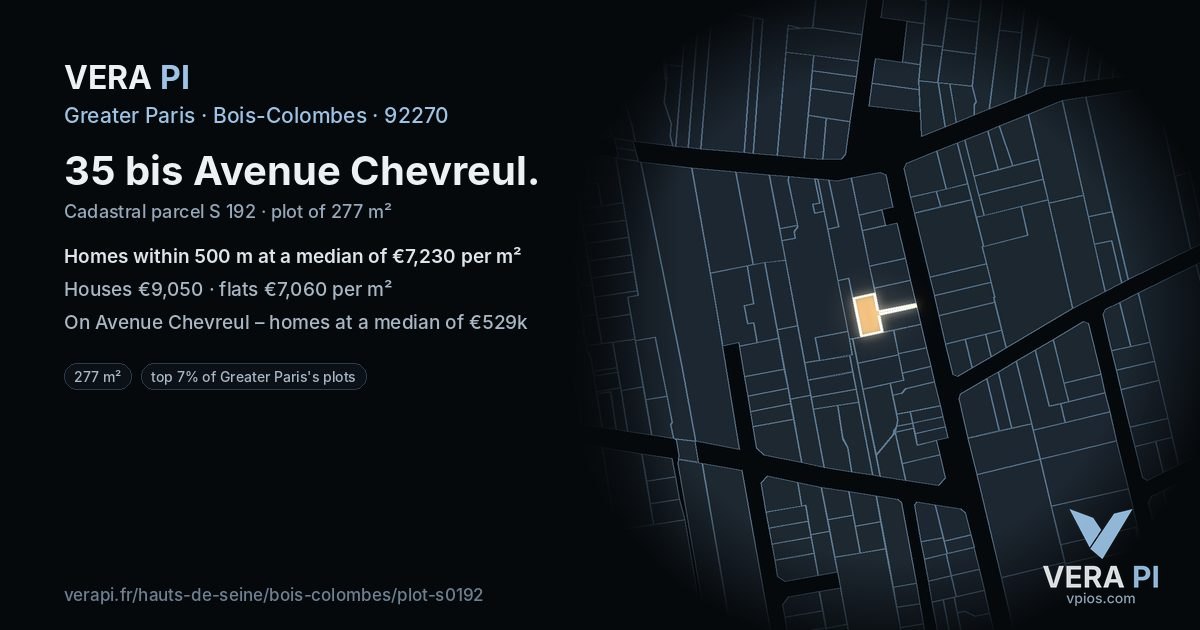 35 bis Avenue Chevreul, Bois-Colombes at night – the plot lit, the parcels around coloured by the prices near them