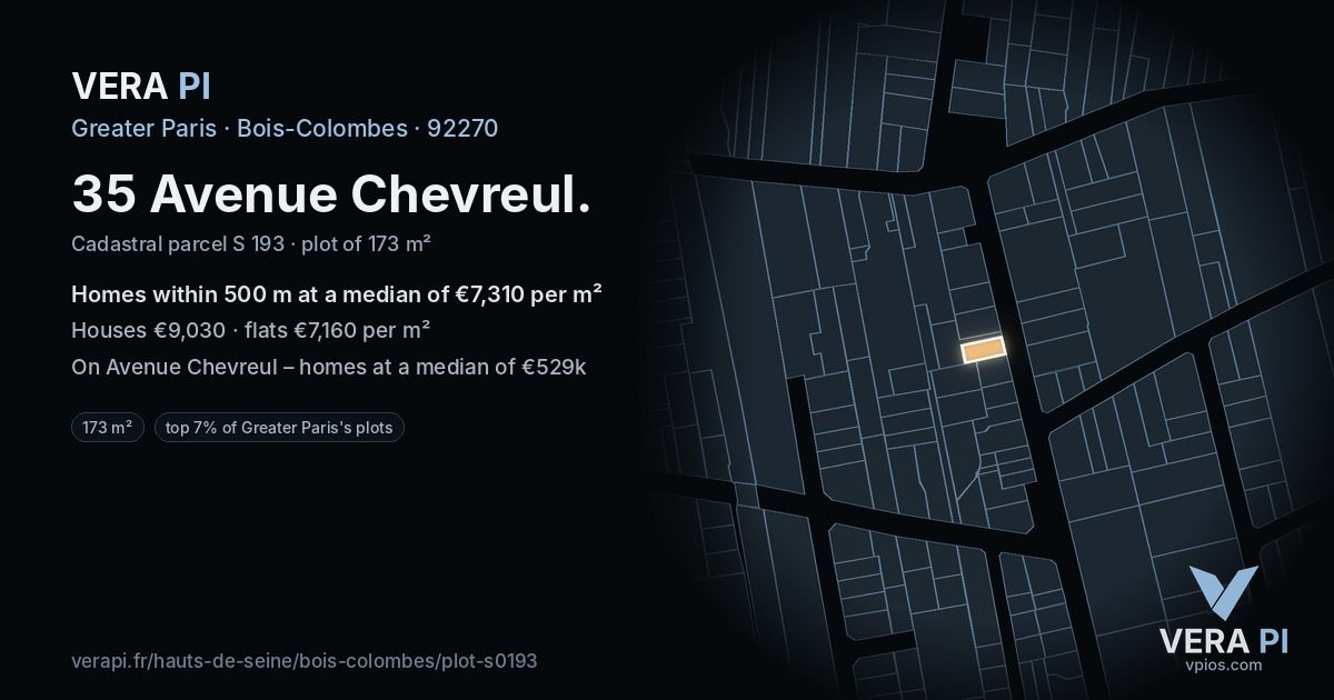 35 Avenue Chevreul, Bois-Colombes at night – the plot lit, the parcels around coloured by the prices near them