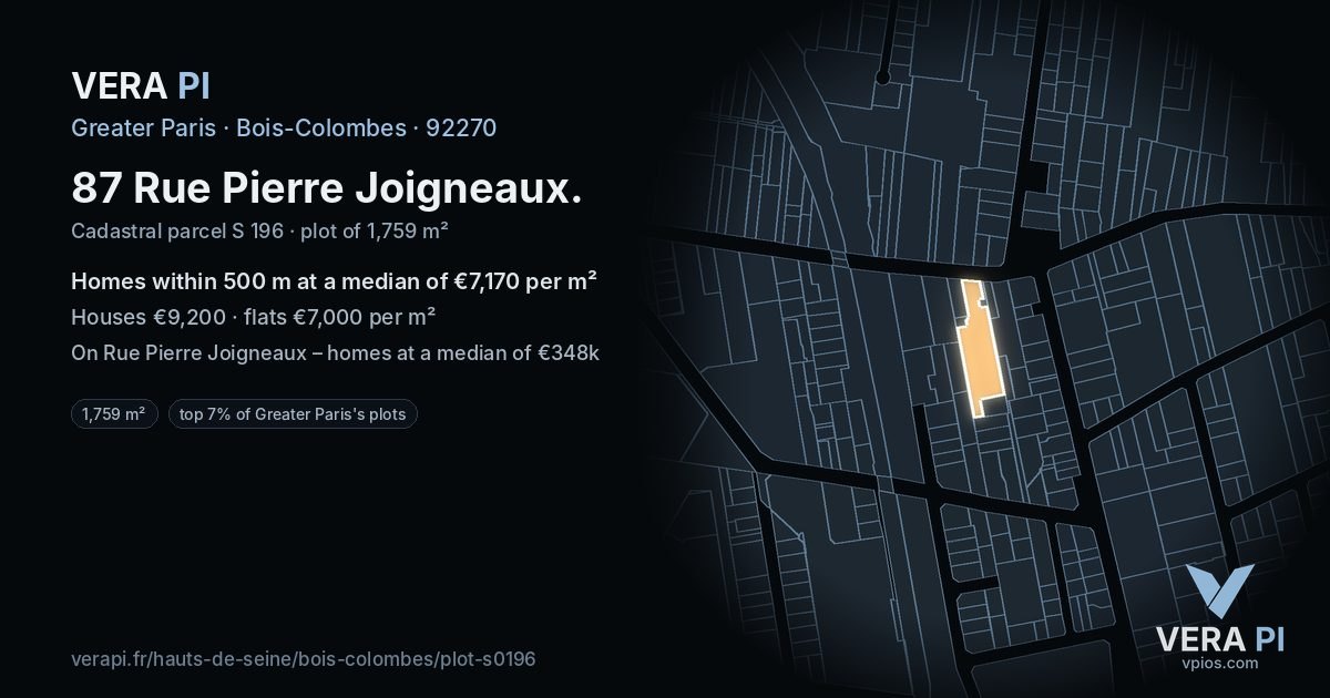 87 Rue Pierre Joigneaux, Bois-Colombes at night – the plot lit, the parcels around coloured by the prices near them