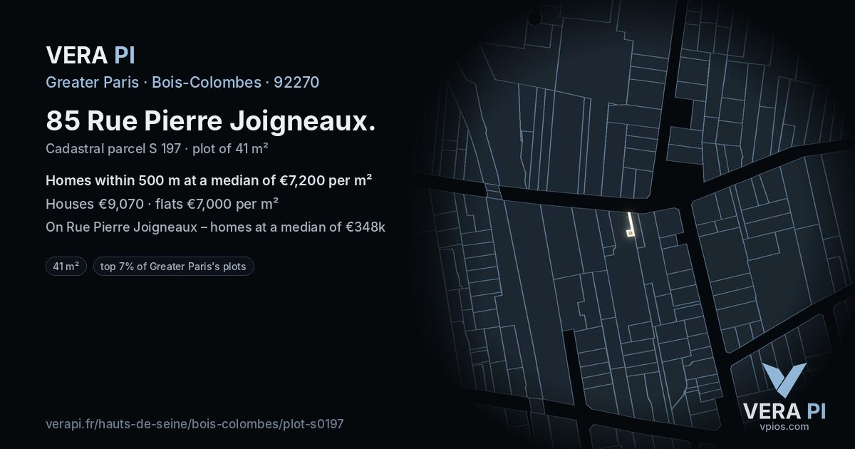 85 Rue Pierre Joigneaux, Bois-Colombes at night – the plot lit, the parcels around coloured by the prices near them