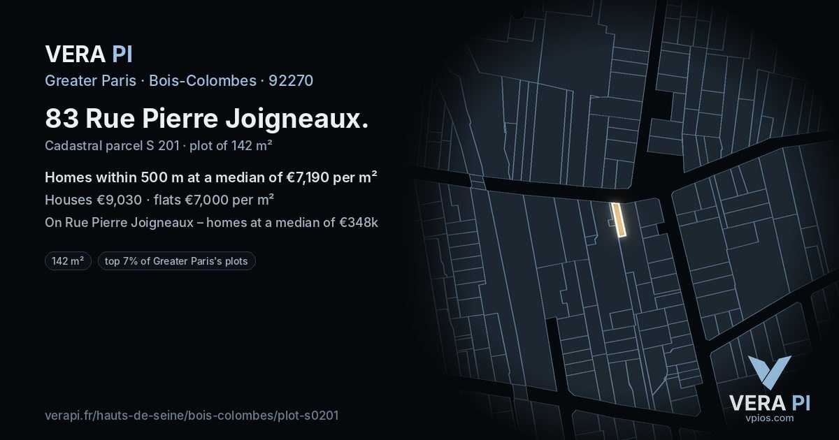 83 Rue Pierre Joigneaux, Bois-Colombes at night – the plot lit, the parcels around coloured by the prices near them
