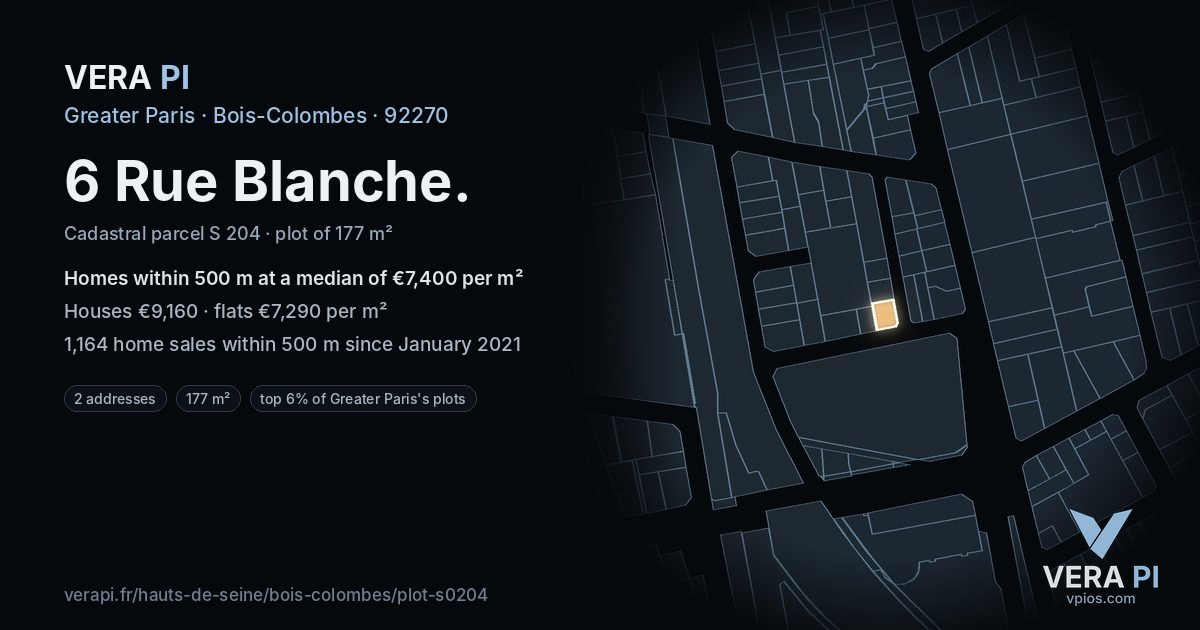 6 Rue Blanche, Bois-Colombes at night – the plot lit, the parcels around coloured by the prices near them