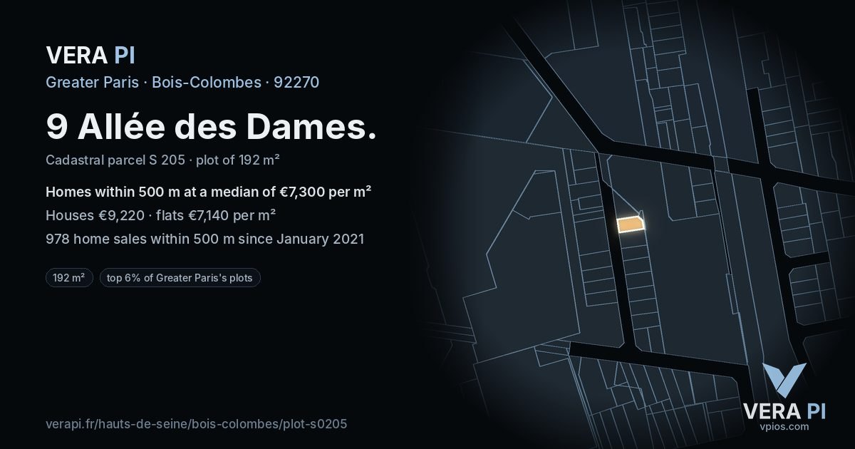 9 Allée des Dames, Bois-Colombes at night – the plot lit, the parcels around coloured by the prices near them