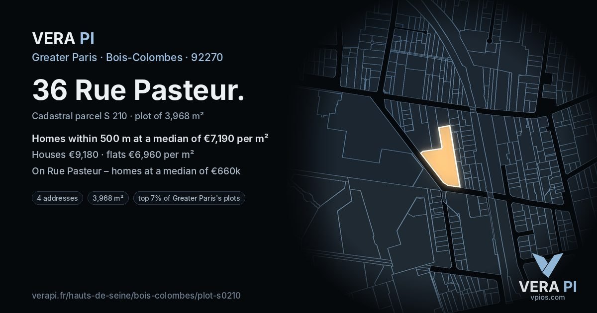 36 Rue Pasteur, Bois-Colombes at night – the plot lit, the parcels around coloured by the prices near them