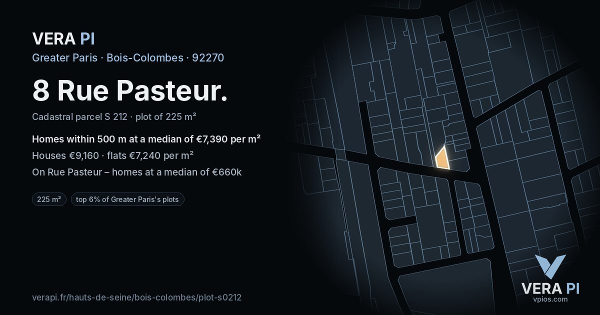 8 Rue Pasteur, Bois-Colombes at night – the plot lit, the parcels around coloured by the prices near them