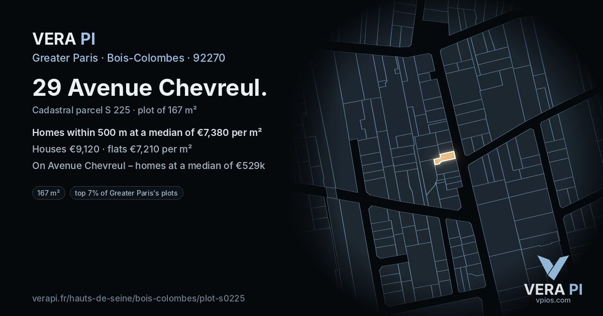 29 Avenue Chevreul, Bois-Colombes at night – the plot lit, the parcels around coloured by the prices near them
