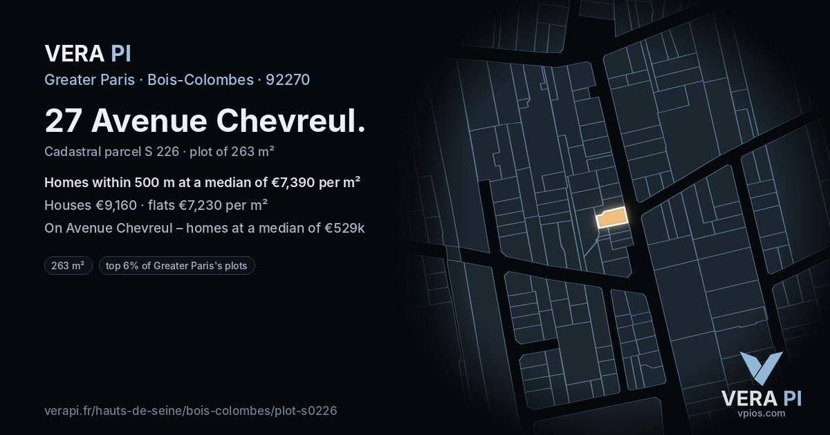 27 Avenue Chevreul, Bois-Colombes at night – the plot lit, the parcels around coloured by the prices near them