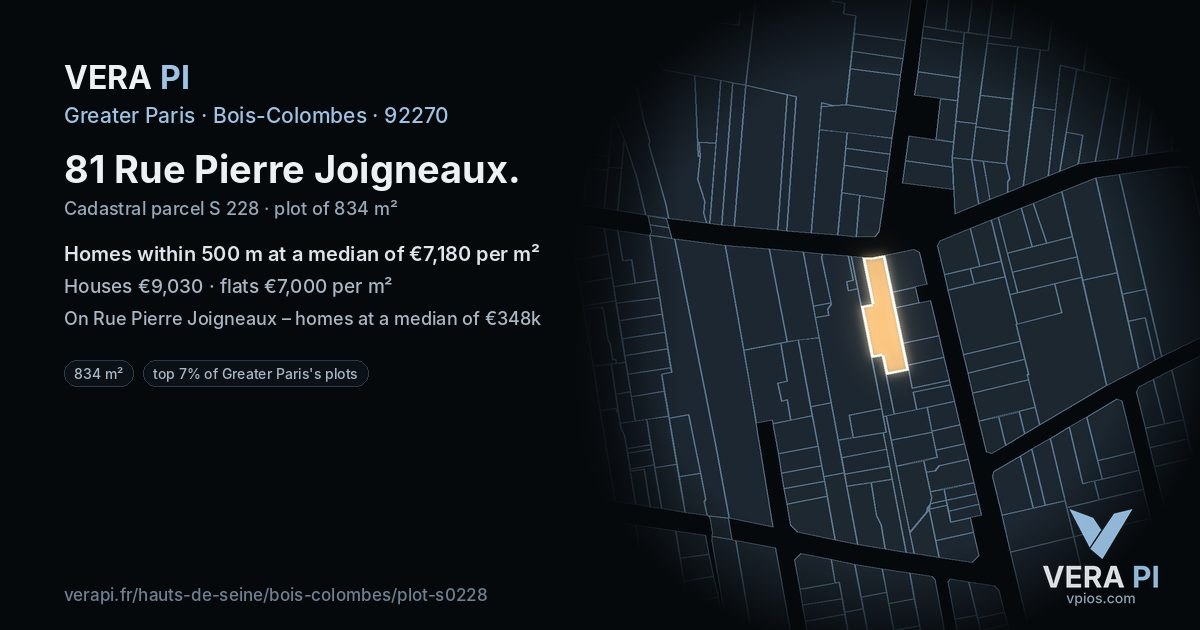 81 Rue Pierre Joigneaux, Bois-Colombes at night – the plot lit, the parcels around coloured by the prices near them