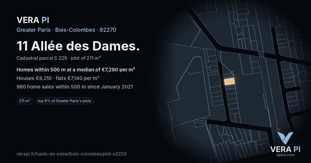 11 Allée des Dames, Bois-Colombes at night – the plot lit, the parcels around coloured by the prices near them