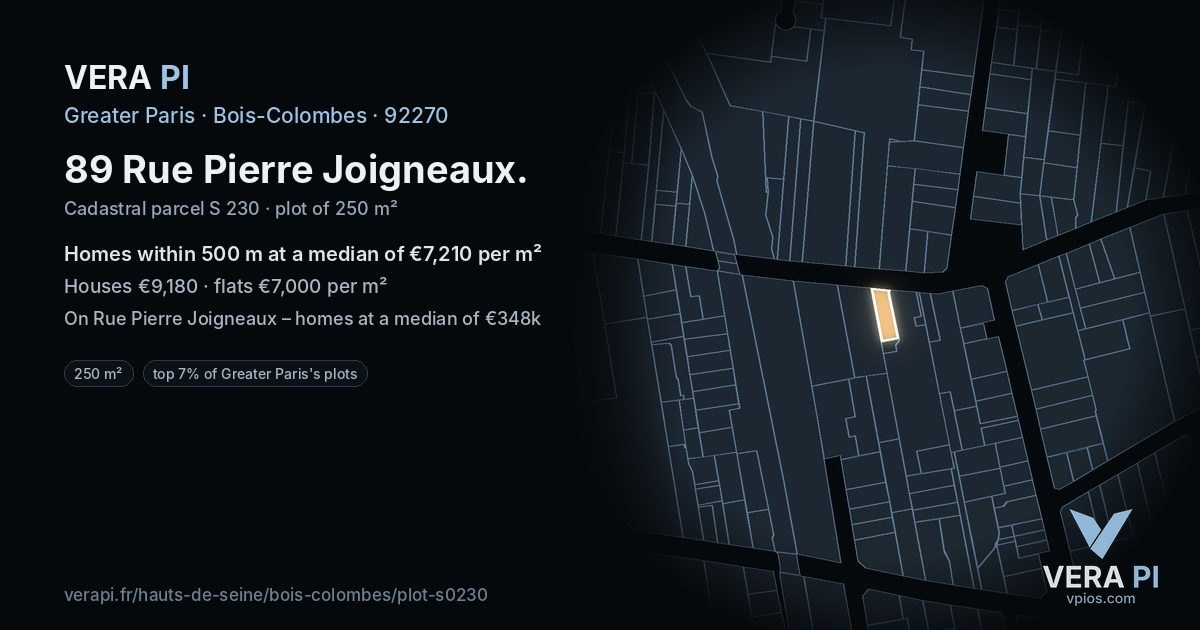 89 Rue Pierre Joigneaux, Bois-Colombes at night – the plot lit, the parcels around coloured by the prices near them