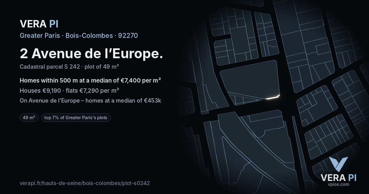2 Avenue de l’Europe, Bois-Colombes at night – the plot lit, the parcels around coloured by the prices near them