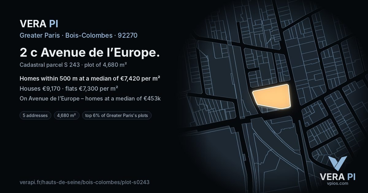 2 c Avenue de l’Europe, Bois-Colombes at night – the plot lit, the parcels around coloured by the prices near them