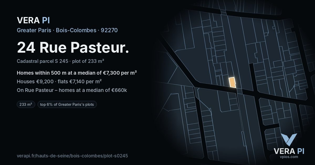24 Rue Pasteur, Bois-Colombes at night – the plot lit, the parcels around coloured by the prices near them