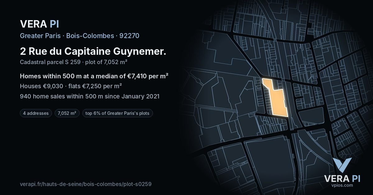 2 Rue du Capitaine Guynemer, Bois-Colombes at night – the plot lit, the parcels around coloured by the prices near them