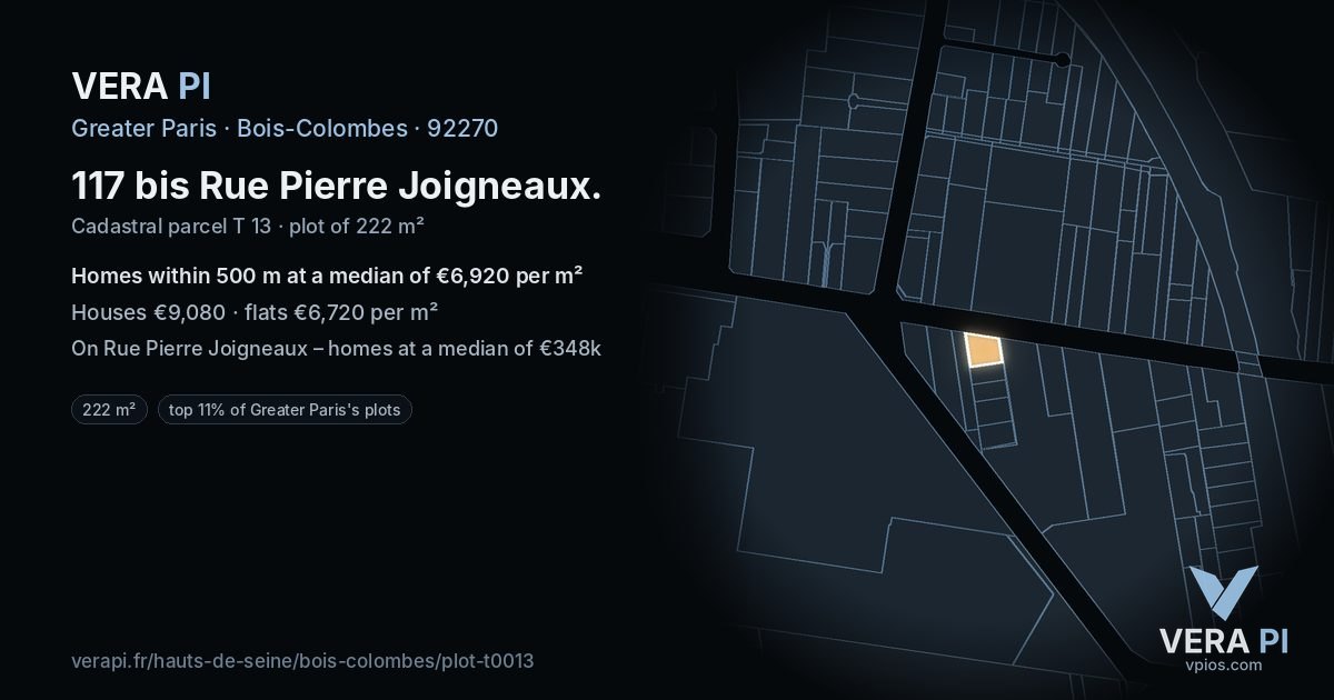 117 bis Rue Pierre Joigneaux, Bois-Colombes at night – the plot lit, the parcels around coloured by the prices near them