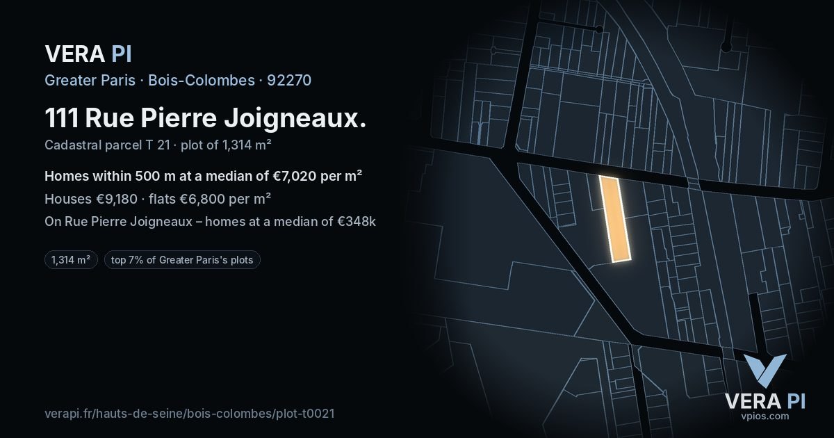 111 Rue Pierre Joigneaux, Bois-Colombes at night – the plot lit, the parcels around coloured by the prices near them