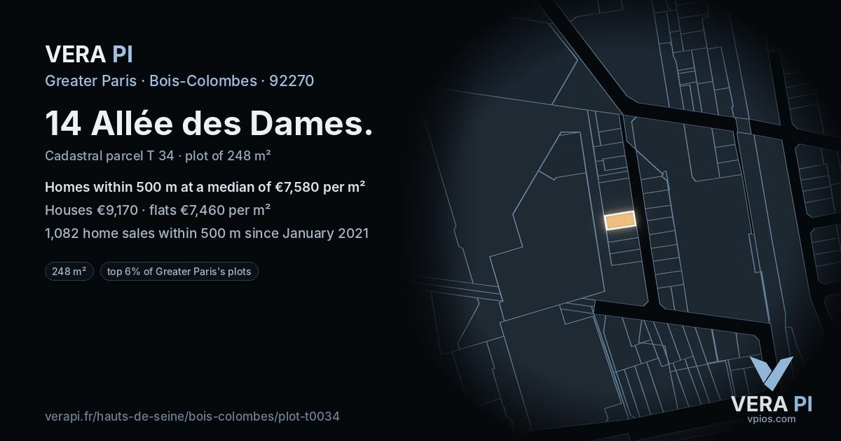 14 Allée des Dames, Bois-Colombes at night – the plot lit, the parcels around coloured by the prices near them