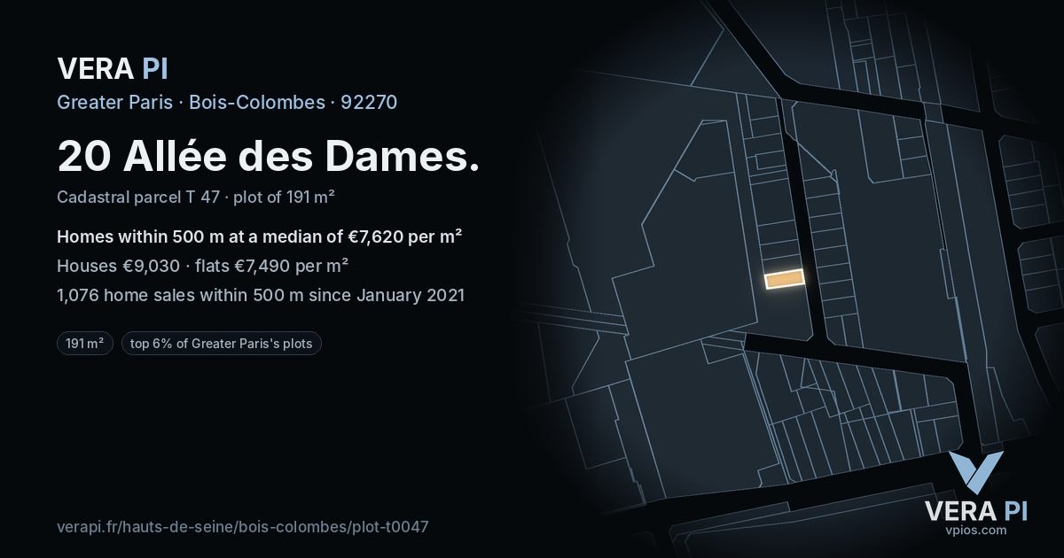 20 Allée des Dames, Bois-Colombes at night – the plot lit, the parcels around coloured by the prices near them