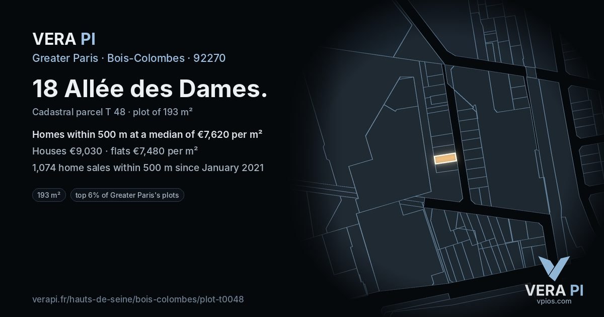 18 Allée des Dames, Bois-Colombes at night – the plot lit, the parcels around coloured by the prices near them