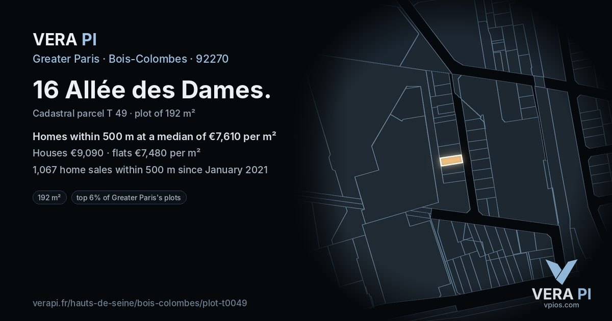 16 Allée des Dames, Bois-Colombes at night – the plot lit, the parcels around coloured by the prices near them