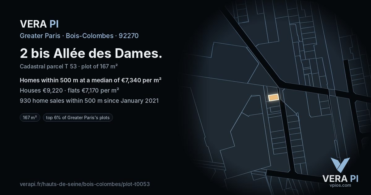 2 bis Allée des Dames, Bois-Colombes at night – the plot lit, the parcels around coloured by the prices near them