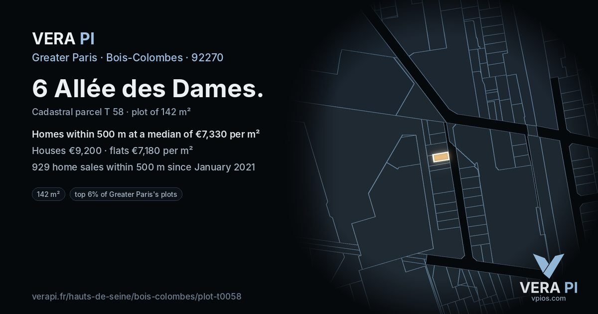 6 Allée des Dames, Bois-Colombes at night – the plot lit, the parcels around coloured by the prices near them