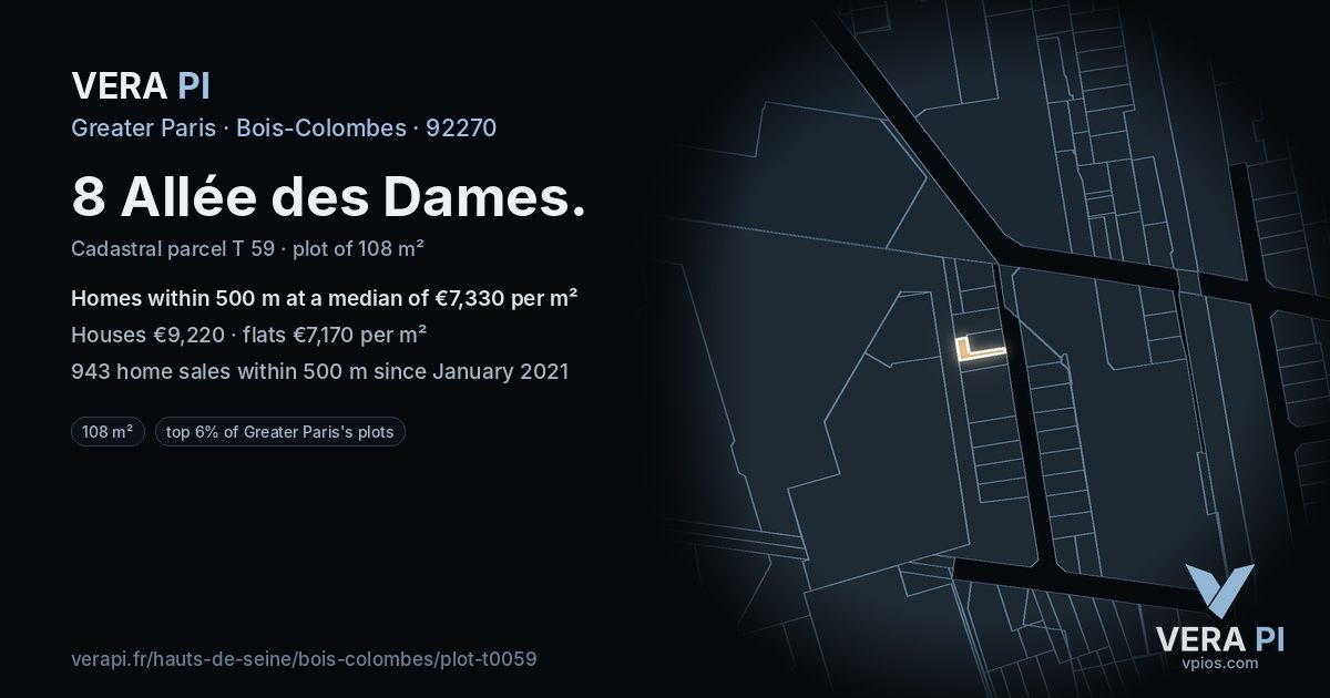 8 Allée des Dames, Bois-Colombes at night – the plot lit, the parcels around coloured by the prices near them