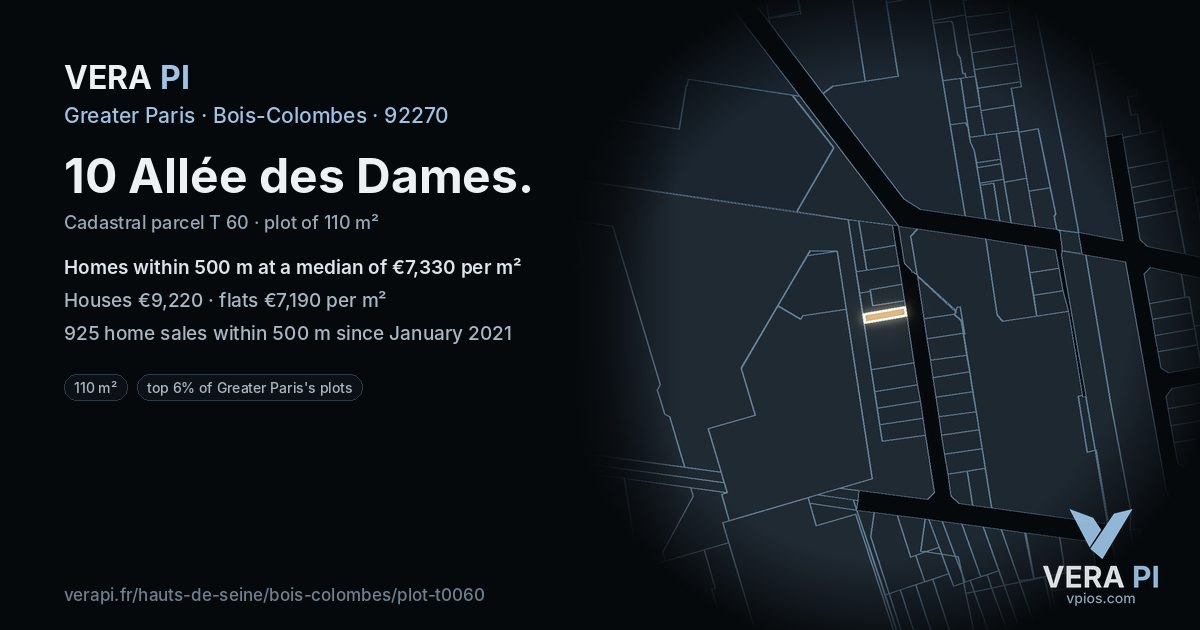 10 Allée des Dames, Bois-Colombes at night – the plot lit, the parcels around coloured by the prices near them