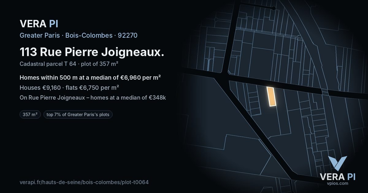 113 Rue Pierre Joigneaux, Bois-Colombes at night – the plot lit, the parcels around coloured by the prices near them