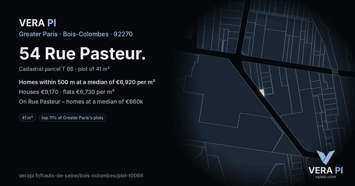 54 Rue Pasteur, Bois-Colombes at night – the plot lit, the parcels around coloured by the prices near them