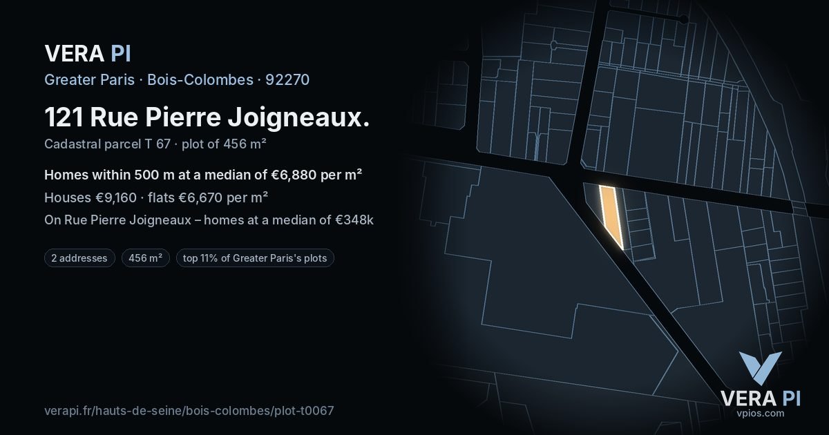 121 Rue Pierre Joigneaux, Bois-Colombes at night – the plot lit, the parcels around coloured by the prices near them