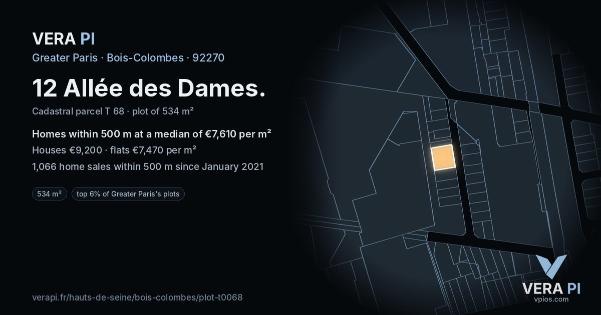 12 Allée des Dames, Bois-Colombes at night – the plot lit, the parcels around coloured by the prices near them