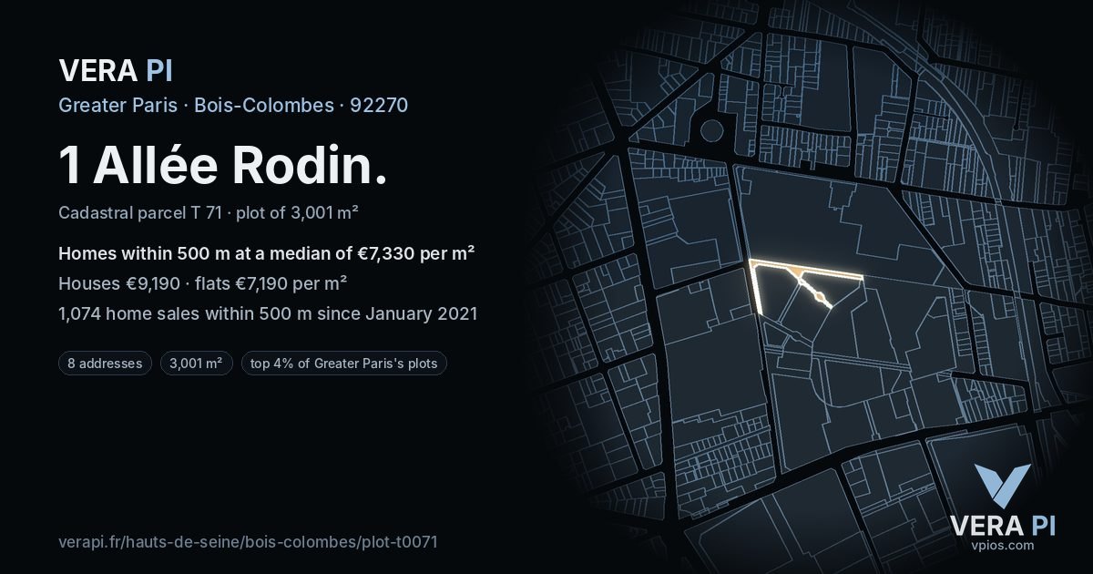 1 Allée Rodin, Bois-Colombes at night – the plot lit, the parcels around coloured by the prices near them