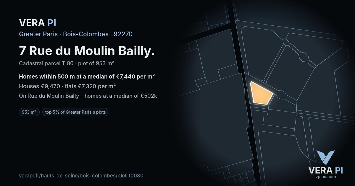7 Rue du Moulin Bailly, Bois-Colombes at night – the plot lit, the parcels around coloured by the prices near them