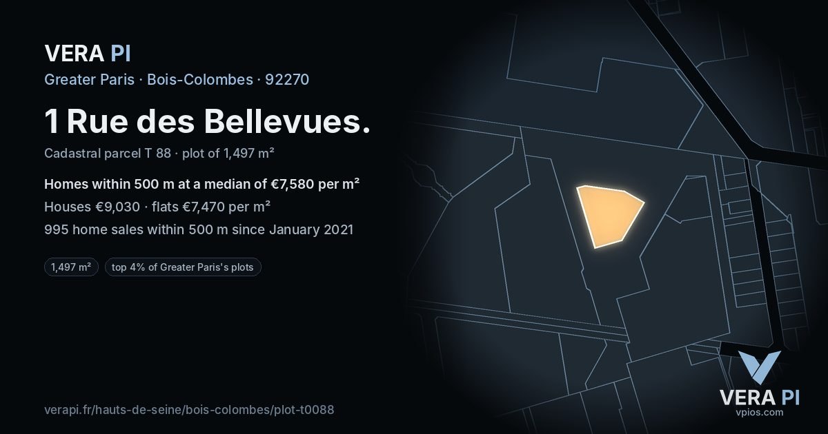 1 Rue des Bellevues, Bois-Colombes at night – the plot lit, the parcels around coloured by the prices near them