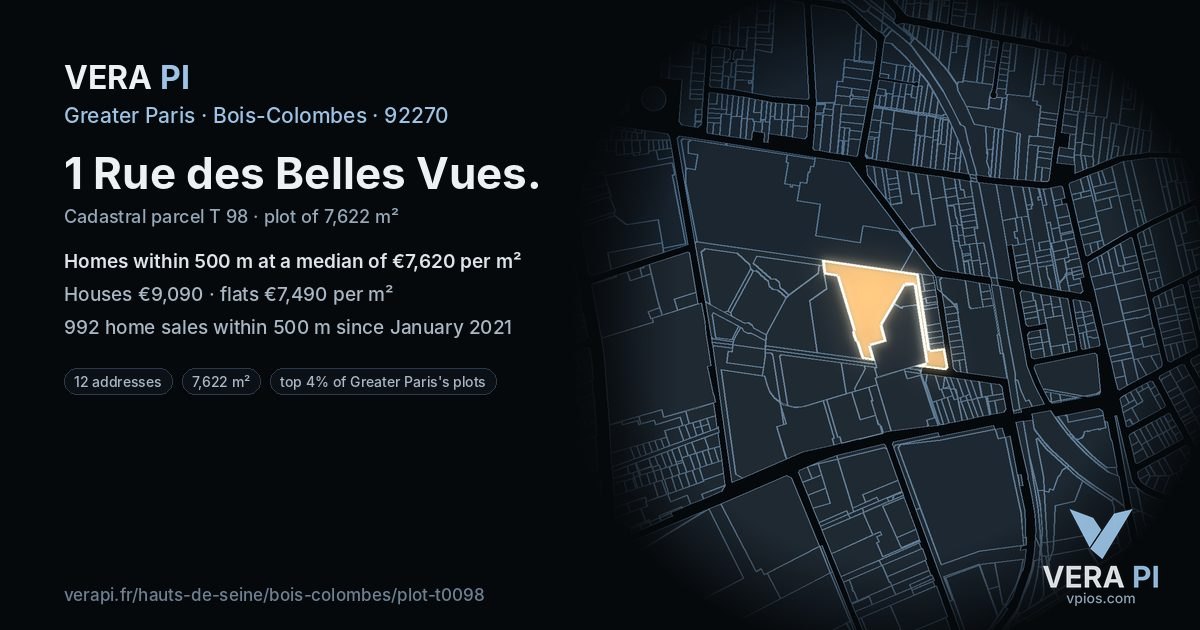 1 Rue des Belles Vues, Bois-Colombes at night – the plot lit, the parcels around coloured by the prices near them