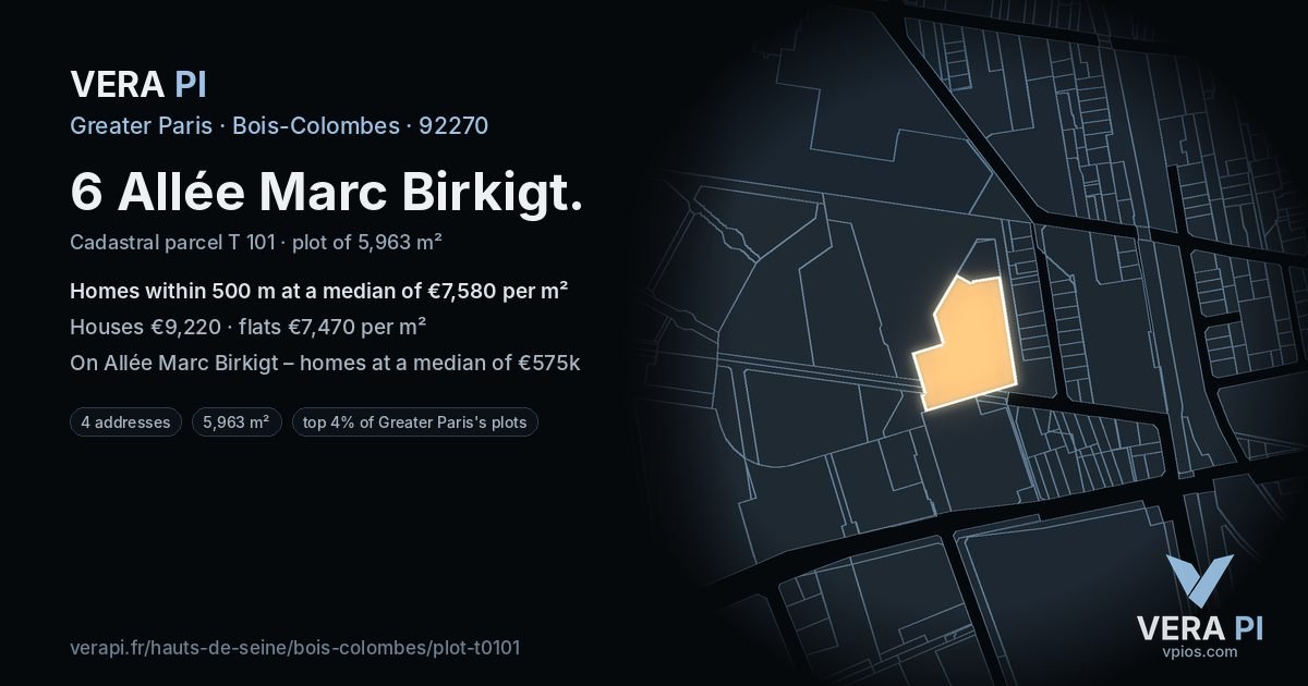 6 Allée Marc Birkigt, Bois-Colombes at night – the plot lit, the parcels around coloured by the prices near them