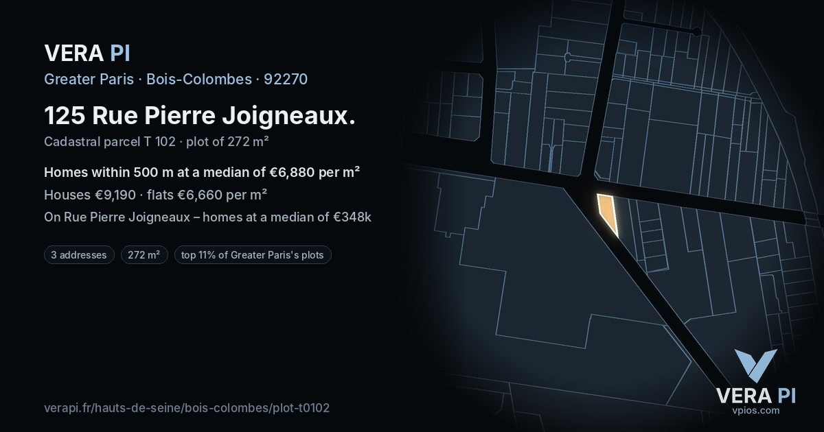 125 Rue Pierre Joigneaux, Bois-Colombes at night – the plot lit, the parcels around coloured by the prices near them