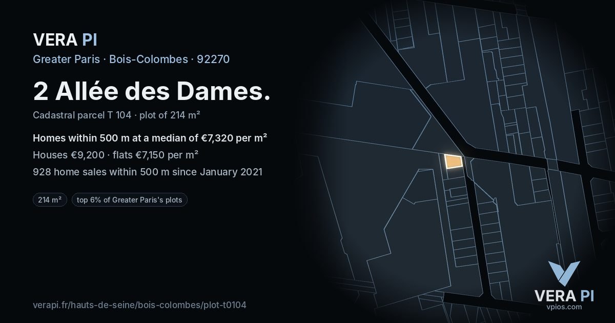 2 Allée des Dames, Bois-Colombes at night – the plot lit, the parcels around coloured by the prices near them