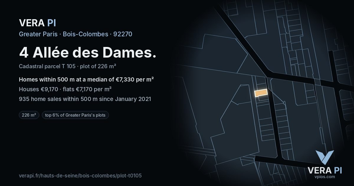 4 Allée des Dames, Bois-Colombes at night – the plot lit, the parcels around coloured by the prices near them