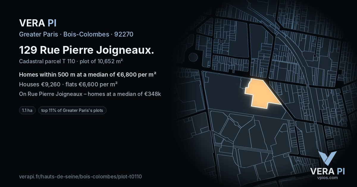 129 Rue Pierre Joigneaux, Bois-Colombes at night – the plot lit, the parcels around coloured by the prices near them
