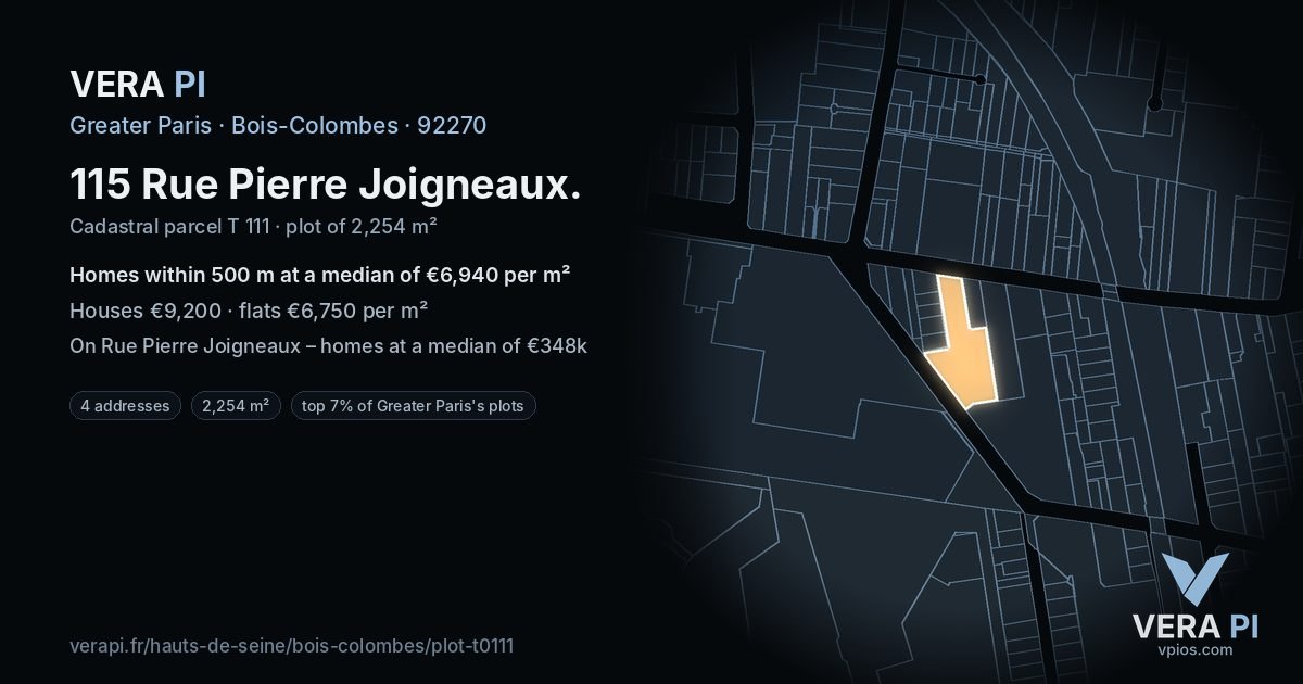 115 Rue Pierre Joigneaux, Bois-Colombes at night – the plot lit, the parcels around coloured by the prices near them