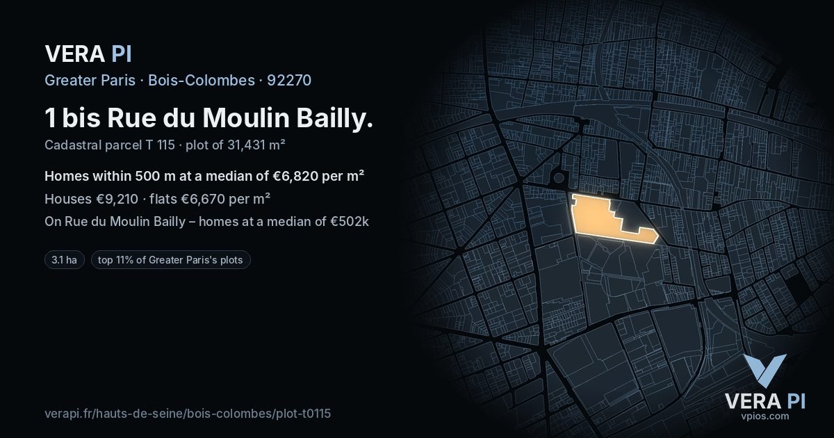 1 bis Rue du Moulin Bailly, Bois-Colombes at night – the plot lit, the parcels around coloured by the prices near them