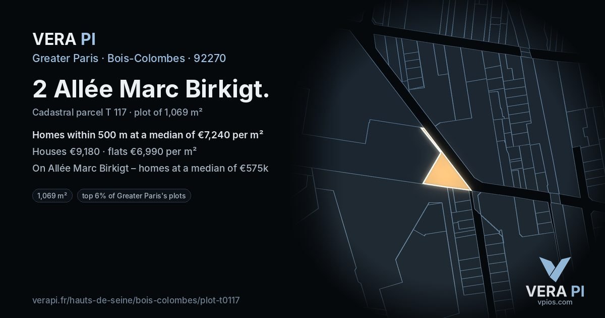 2 Allée Marc Birkigt, Bois-Colombes at night – the plot lit, the parcels around coloured by the prices near them