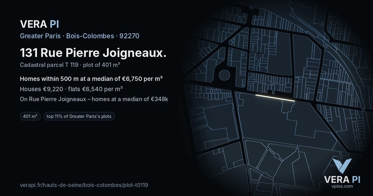 131 Rue Pierre Joigneaux, Bois-Colombes at night – the plot lit, the parcels around coloured by the prices near them