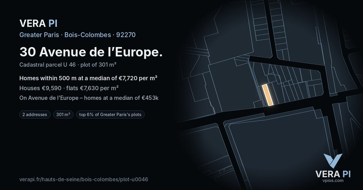 30 Avenue de l’Europe, Bois-Colombes at night – the plot lit, the parcels around coloured by the prices near them