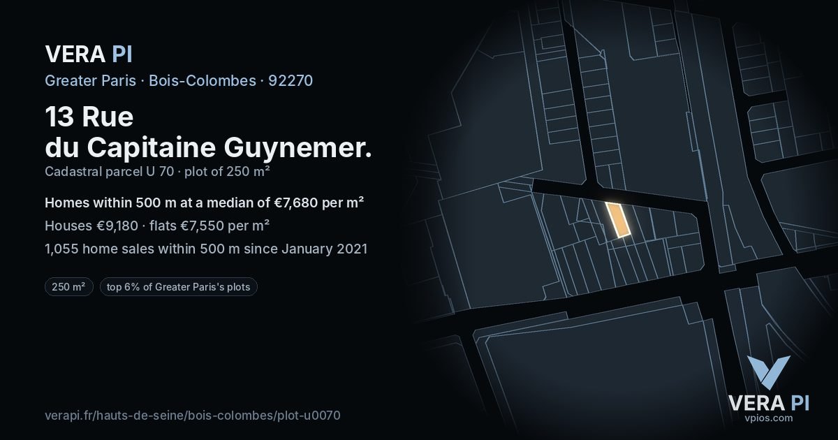 13 Rue du Capitaine Guynemer, Bois-Colombes at night – the plot lit, the parcels around coloured by the prices near them