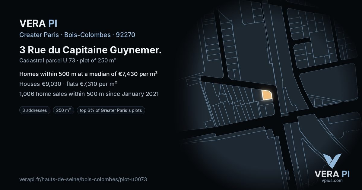3 Rue du Capitaine Guynemer, Bois-Colombes at night – the plot lit, the parcels around coloured by the prices near them