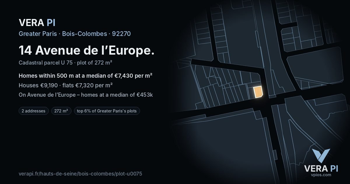14 Avenue de l’Europe, Bois-Colombes at night – the plot lit, the parcels around coloured by the prices near them