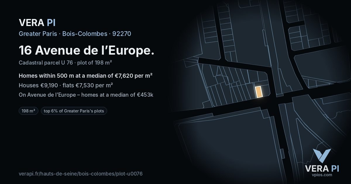 16 Avenue de l’Europe, Bois-Colombes at night – the plot lit, the parcels around coloured by the prices near them